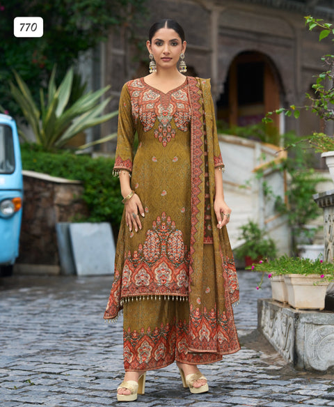 New Chinon Chiffon Pakistani Printed with handwork Pakistani Style Kurta With Palazzo & Printed Dupatta