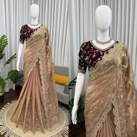 New Premium beautiful Designer Peplum & Bell Bottom Set On Reyon Febric With Thred & Real mirror work Dress