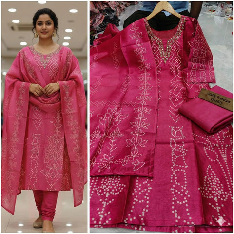 New SILK FABRIC with DIGITAL PRINT AND HANDWORK in neck with inner top with duppta