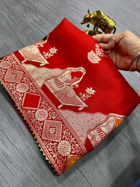 New Pure Dola silk with Zari weaving Saree with zarkan Pallu  border &  samosa lace border