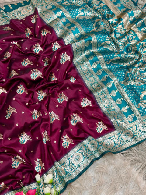 New golden designs and soft tassels Elegant Banarasi Saree