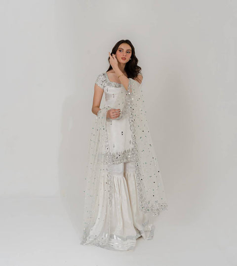 NEW DESIGNER HEAVY FUAX GEORGETTE TOP WITH SHARARA DUPATTA SUIT SET