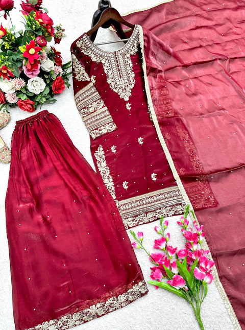 New Designer Party Wear Look Pur Gmy Silk Top Plazzo & Dupatta Set