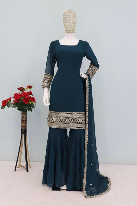 New Exclusively  Festive & Party Wear Heavy Fox Georgette With With Embroidery Sequence Work Top -Palazzo And Dupatta Set