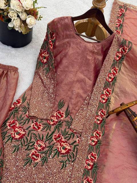 New Pure Fendy Silk With Heavy Embroidery Sequence Work Top-Bottom And Dupatta Set