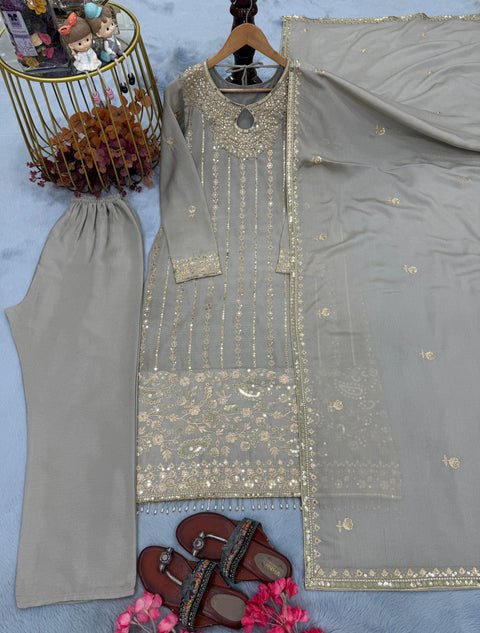 New Designer Party Wear Look Pur Chinon Silk Top Bottom & Dupatta Set
