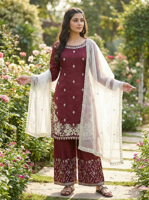 New Designer Collection In GMY SILK With Heavy Embroidery Sequence Work Top-Bottom And Dupatta Set Fully Stitched Ready To Wear
