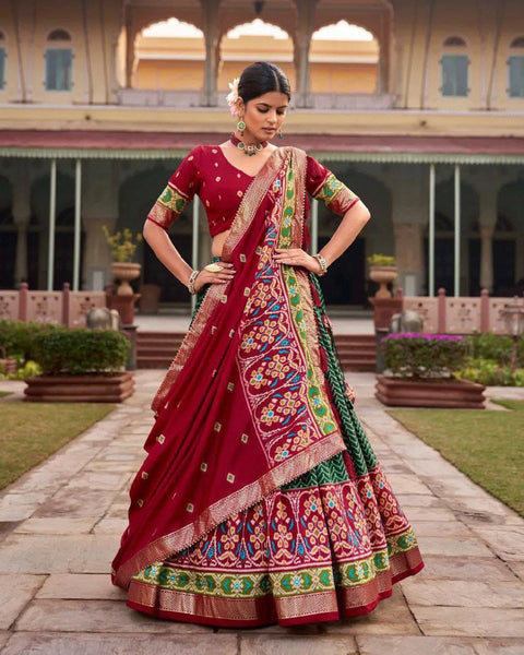 New Tussar silk and the mesmerizing allure of ikkat Patola prints with this exquisite lehenga choli