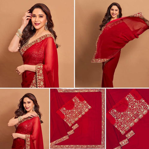 NEW RED HEAVY GEORGETTE FABRIC ON BEAUTIFUL EMBRODERY SEQUENCES AND ZARI THRED WORK ON LACE saree