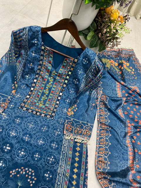 New DESIGNER WEAR PRINTED TOP WITH PANT PAIR IN REAL MIRROR AND DIAMOND WORK