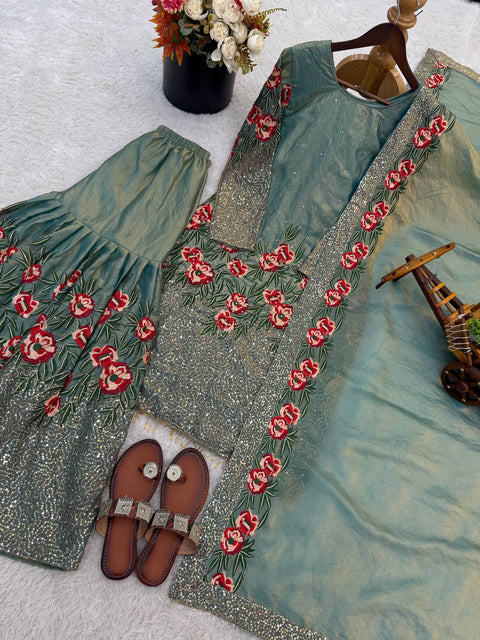 New Pure Fendy Silk With Heavy Embroidery Sequence Work Top-Bottom And Dupatta Set
