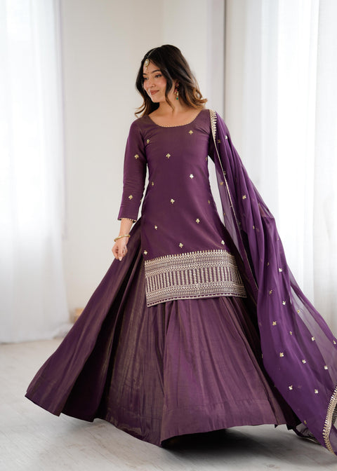 NEW HIGH PREMIUM QUALITY PURE ROMANSHIMMER CHANDERI SILK FABRIC KURTA WITH FULLY FLARE LAHENGA WITH DUPPTA SET
