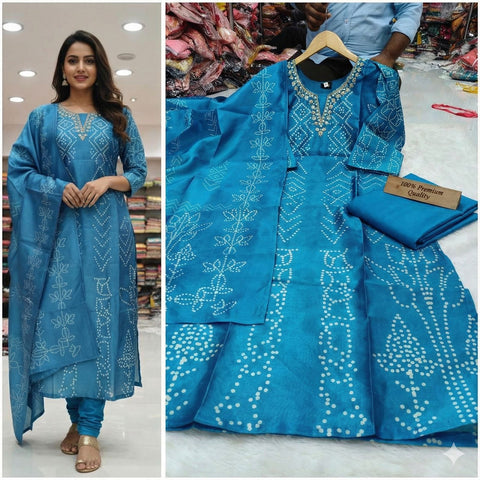 New SILK FABRIC with DIGITAL PRINT AND HANDWORK in neck with inner top with duppta