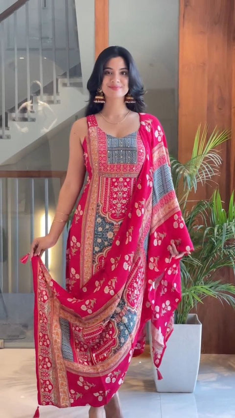 New Beautiful maslin with original MIRROR workstraight-cut Kurti