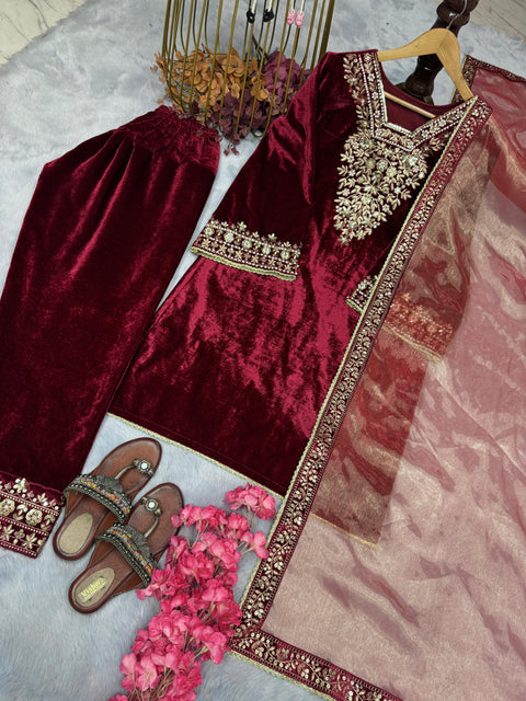 New Designer Party Wear Look Heavy Pure Viscose Velvet Top Bottom & Dupatta Set