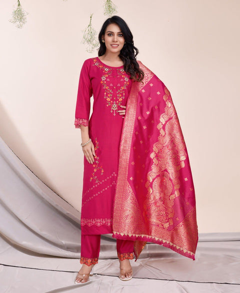 New Pink Viscose Silk Floral Embroidered Kurta Set