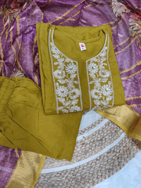 New Heavy Muslim Cotton With Heavy Rayon Cotton With Embroidery Sequence Work Top-Bottom And Dupatta Set