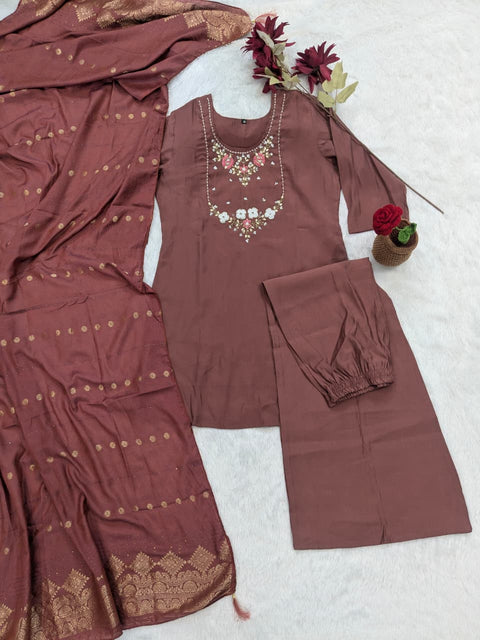 New Beautiful Real Hand WorkMuslin Silk DupattaRoman Silk PalazzoCHANDERI SHORT TOP SET