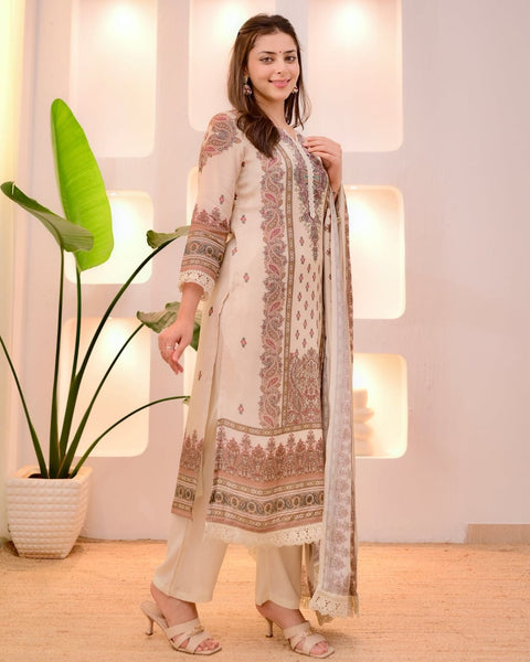 New Heavy Muslim simmer  With Heavy Digital Print With lace works Top-Bottom And Dupatta Set
