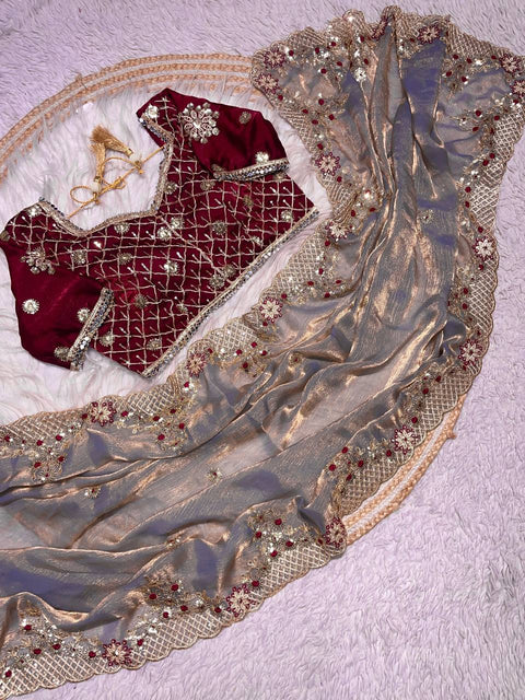 New Fendy Chiffon two ton  fully stitched Coding  sequence embroidery blouse with mirror lace touch up & fancy latkan saree