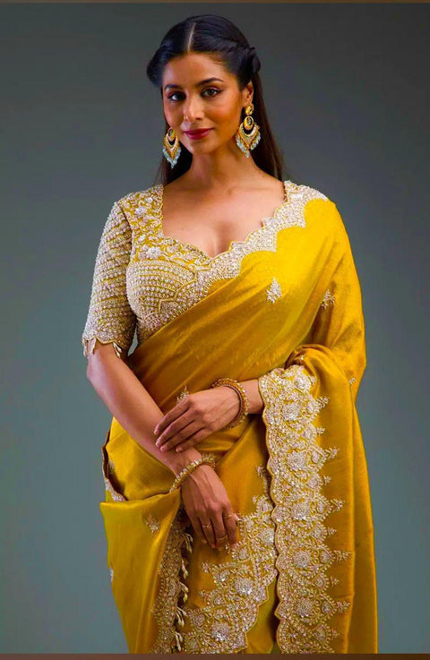 NEW TRENDING GLOD CRUSH FABRIC ON HEAVY EMBRODERY WORK SAREE