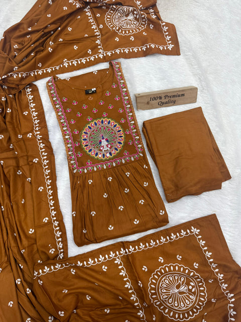 New Pure Printed Rayon cotton with Embroidery work in neck and Sleeves and beautiful Nayraa cut
