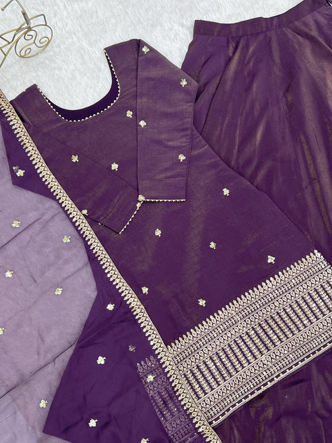 NEW HIGH PREMIUM QUALITY PURE ROMANSHIMMER CHANDERI SILK FABRIC KURTA WITH FULLY FLARE LAHENGA WITH DUPPTA SET