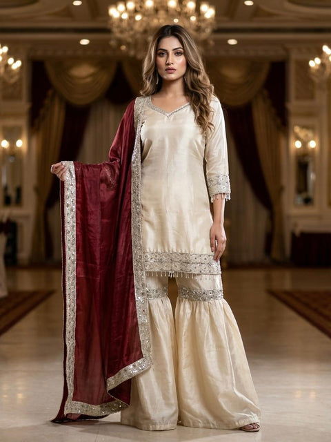 New Premium Chinon-Silk Pair Of Top Bottom & Duppata