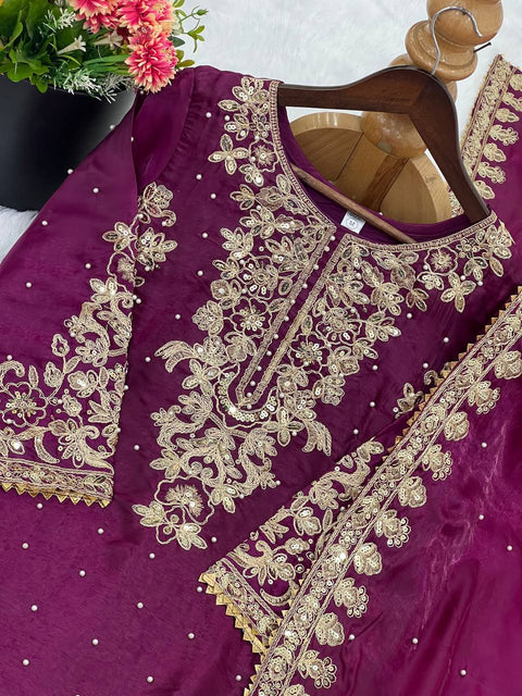 New Designer Collection In GMY SILK With Heavy Embroidery Coding Sequence Work Top-Bottom And Dupatta Set