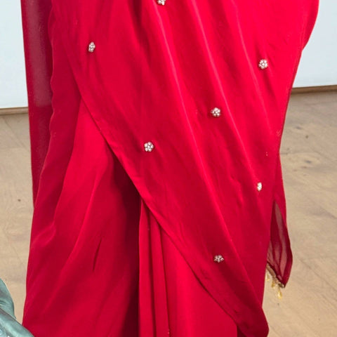New EXCLUSIVE 2 STYLES HAND WORKED, DRAPE SAREE ON FAUX GEORGETTE FABRIC WITH STITCHED BLOUSE