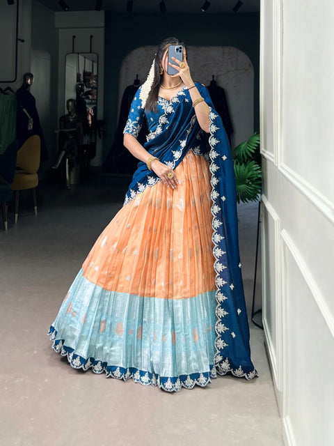 New Zari Weaving Work With Sequins and Thread Embroidery Scallop Lace Border Lehenga choli