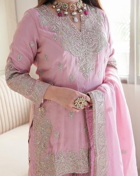 New Pure Heavy Chinnon Silk With  Heavy Embroidery moti Sequence Work With Full Embroidery Sleeve