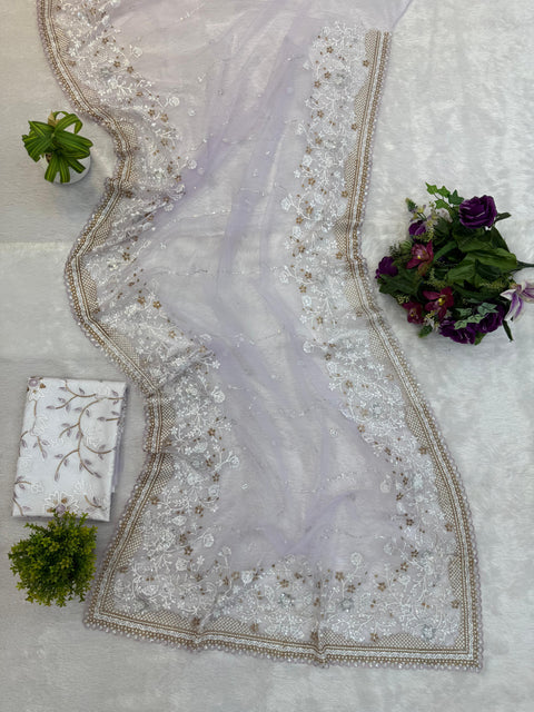 NEW SUPERHIT SAREE ON NYLON NET FABRIC WITH HEAVY EMBROIDERY & CUT-WORK BORDER WITH UNSTITCHED BLOUSE