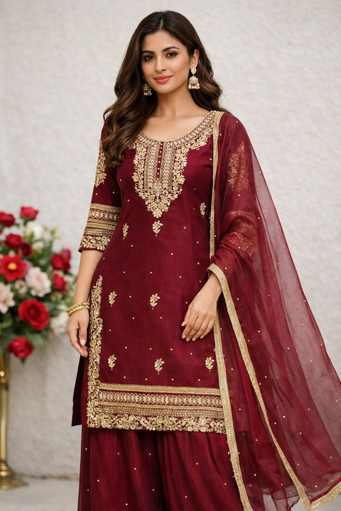 New Designer Party Wear Look Pur Gmy Silk Top Plazzo & Dupatta Set