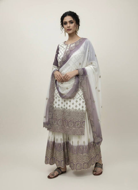 New  Designer Party Wear Look Pur Heavy Dual Tone Peding Star Georgette Top Plazzo & Dupatta Set