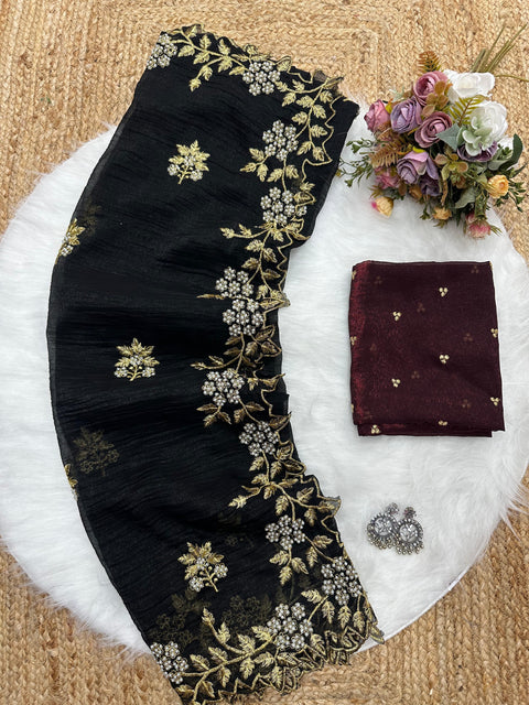 New Arrival Beautiful Embroidery& Moti Work Scalloped Cut work Border saree