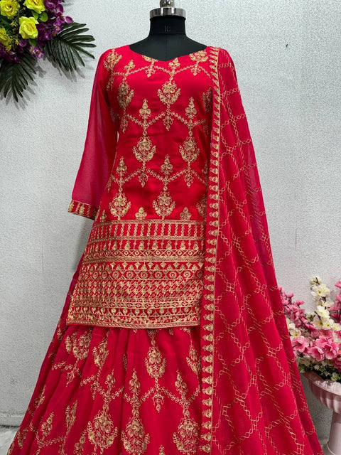 New DESIGNER WEAR HEAVY CHINE STITCH WORK TOP LEHENGAS WITH DUPATTA