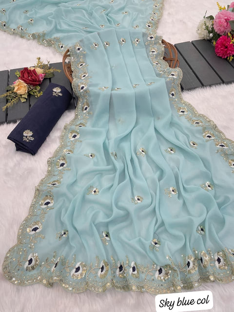 NEW ARRIVALS sequence work WITH CUTWORK BORDER SOFT Georgette silk saree