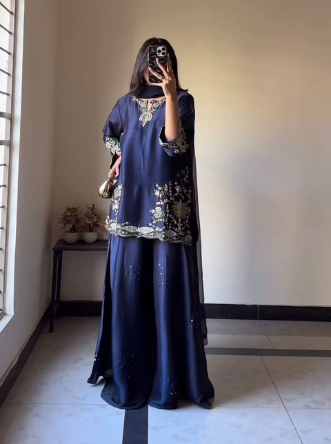 New premium Heavy Natural Crep Silk Heavy Bids Hand Work Embroidery Sequence Work Dress