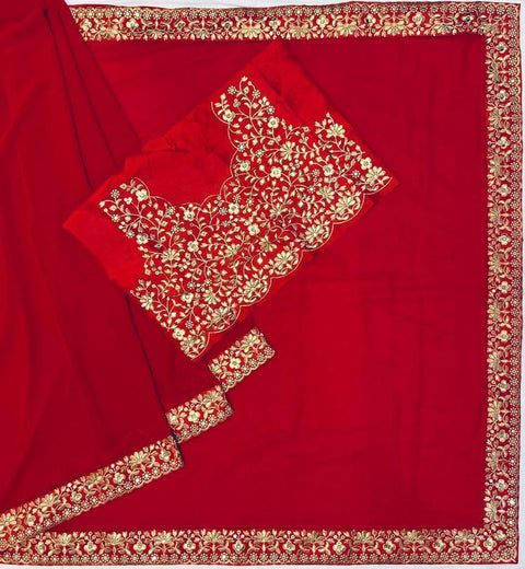 NEW RED HEAVY GEORGETTE FABRIC ON BEAUTIFUL EMBRODERY SEQUENCES AND ZARI THRED WORK ON LACE saree