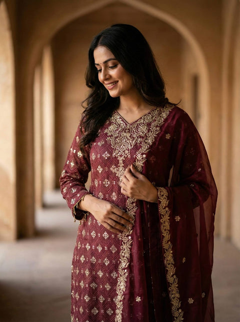 New Designer Collection In GMY SILK With Heavy Embroidery Sequence Work Top-Bottom And Dupatta Set