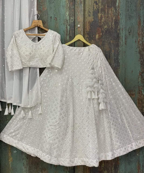 New White Color Embroidered Attractive Party Wear Net Lehenga choli