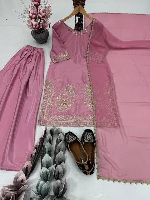 New DESIGNER HEAVY NATURAL CREAP EMBROIDERED SEQUENCE WORK WITH FANCY TOP SHARARA DUPATTA SET