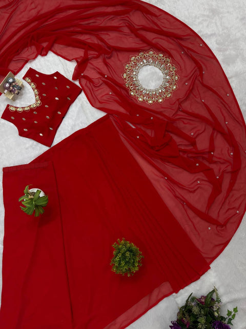 New EXCLUSIVE 2 STYLES HAND WORKED, DRAPE SAREE ON FAUX GEORGETTE FABRIC WITH STITCHED BLOUSE