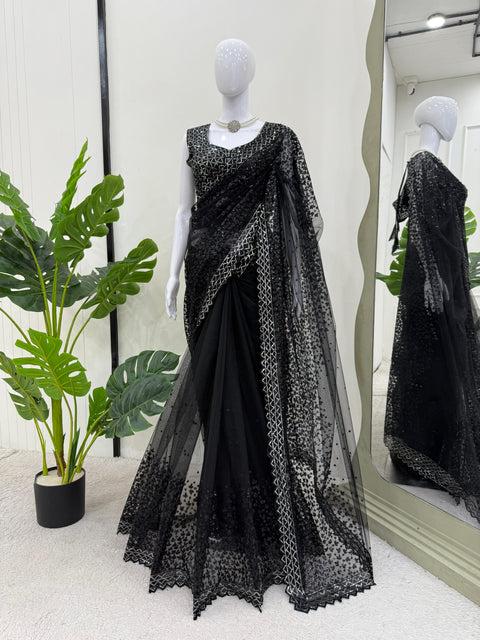New beautiful DesignerSoft Net Febric with Sequnce work and blouse with saree