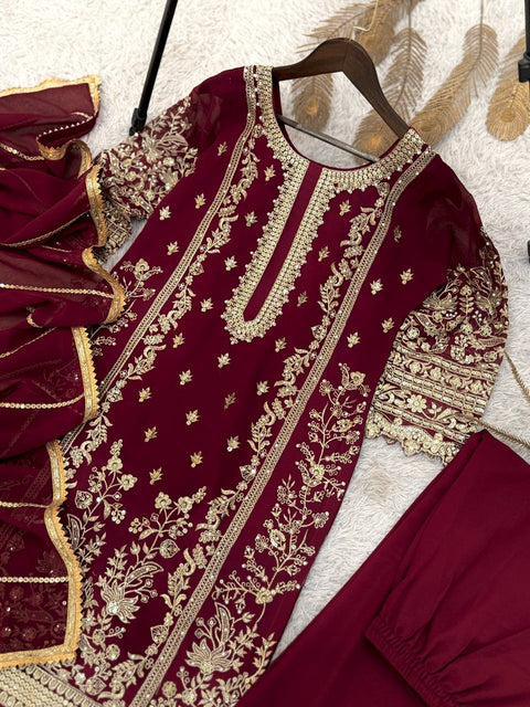 New PRESENTING 3 PIECE STYLISH KURTI, PLAZZO AND DUPATTA WITH BEAUTIFUL EMBROIDERY SEQUENCE WORK