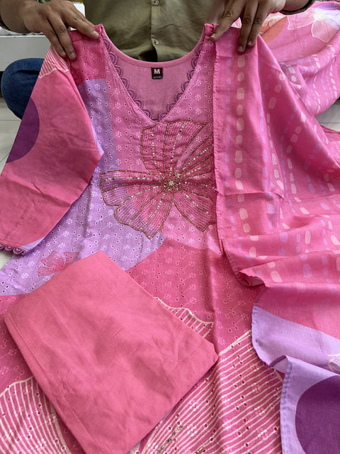 NEW SHIFLI  LUNCHING HEVAY SHIFLI FABRIC DIGITAL PRINTING HAND WORK FULL NECK LACE LINEN Suit Set