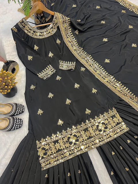 New Heavy Natural Crep With Heavy Embroidery Sequence  Work Sarara Plazo