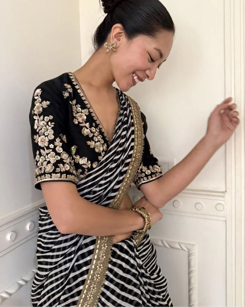 New Premium Beautiful leriya print with lace border work saree