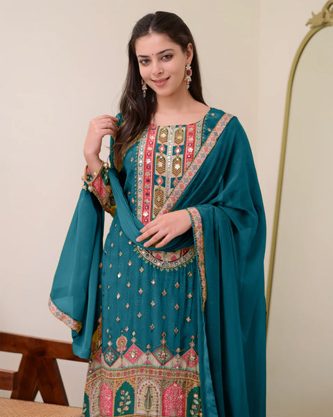 New DESIGNER WEAR JAYPURI TRENDING  TOP WITH PRINTED WORK WITH MIROR WORK WITH PLAZZO AND DUPATTA